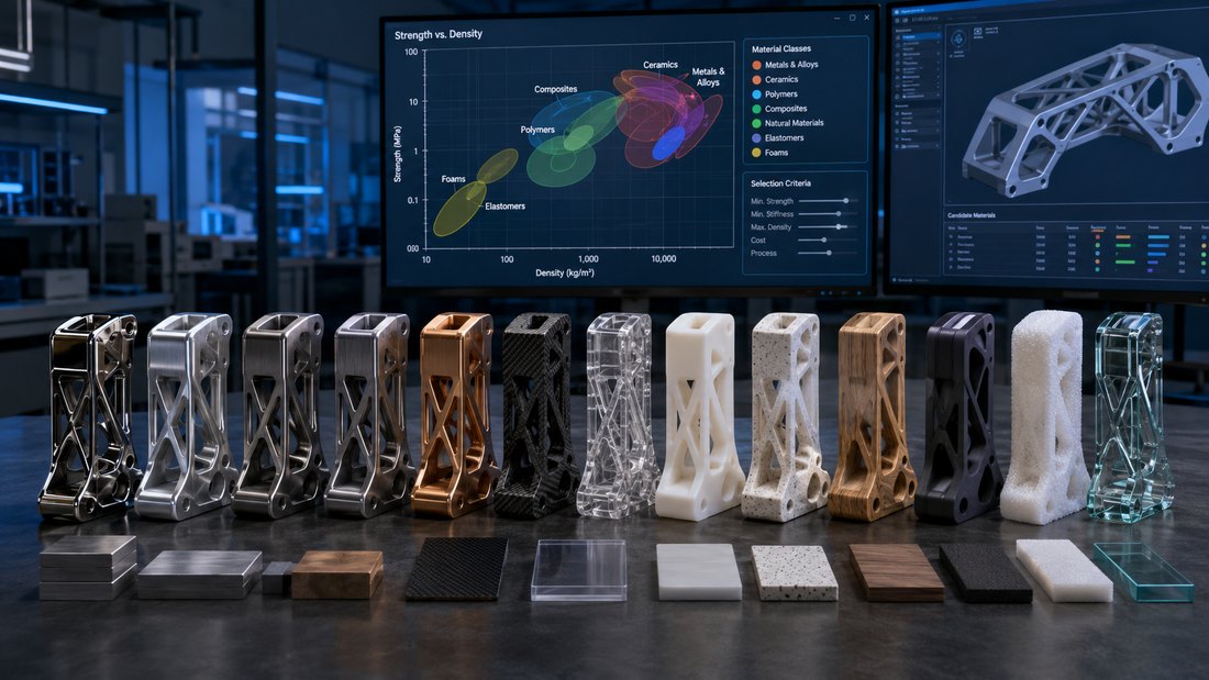 The same bracket made in thirteen candidate materials — metals, ceramics, composites, polymers and foams — beside a strength-versus-density selection chart
