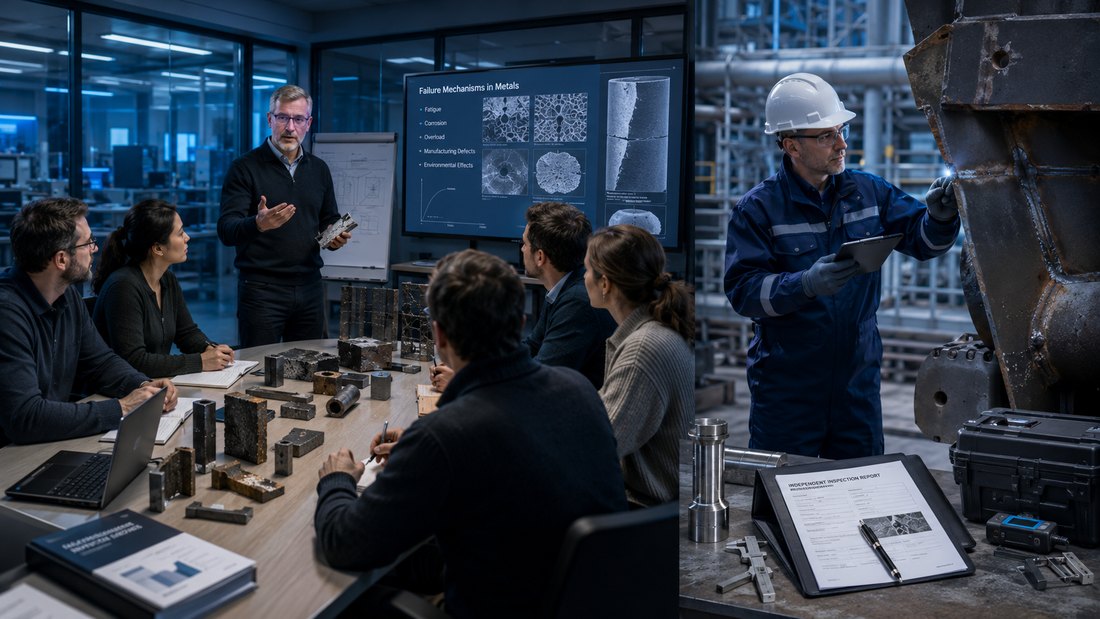An engineer presenting failure mechanisms in metals to a seated group of engineers, and an engineer carrying out an independent inspection of a large casting